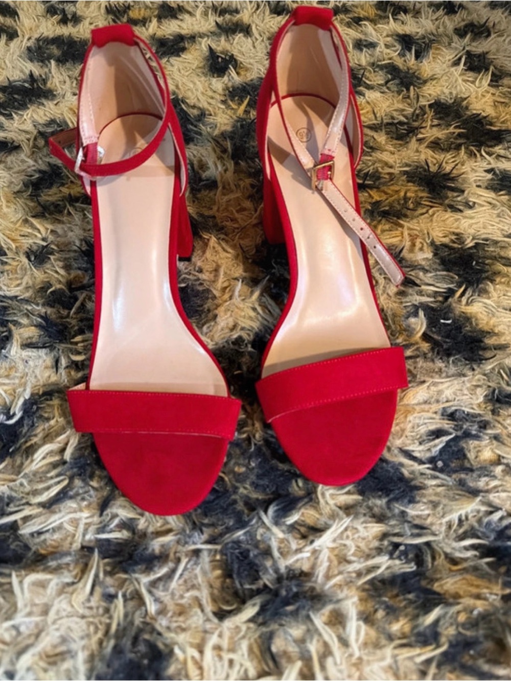 Red Suede Ankle-Strap Block Heel Sandals - Women